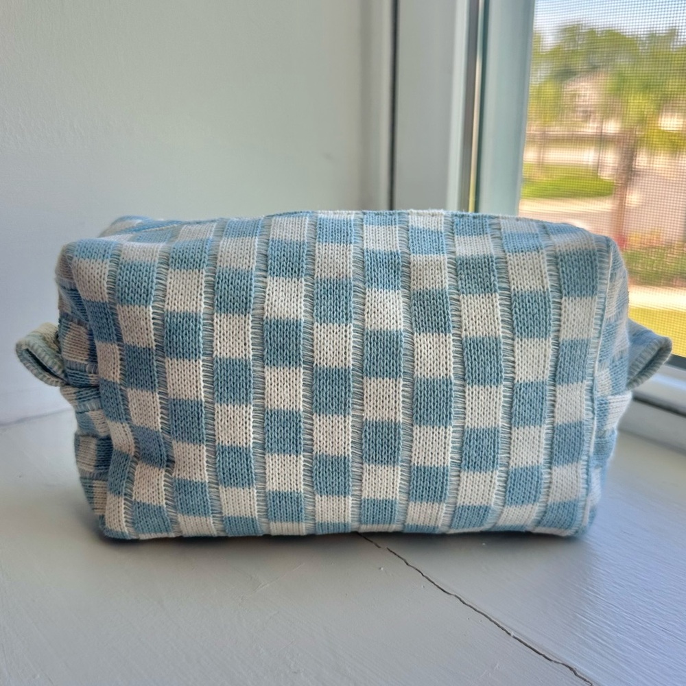 Blue & White Checkered Cosmetic Bag – Woven Cloth Travel Pouch